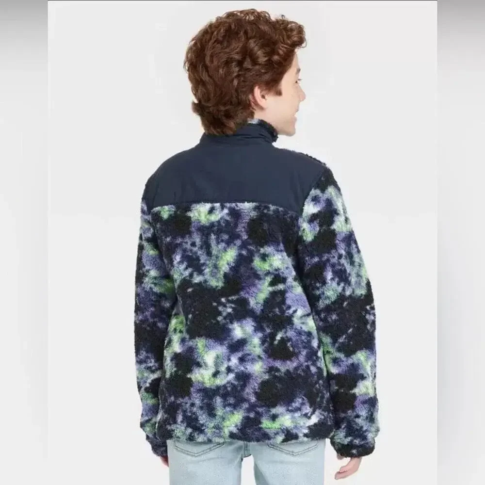 Art Class Sherpa Fleece Jacket Boys XS 4/5 Purple Blue Green Full Zip Pocket New